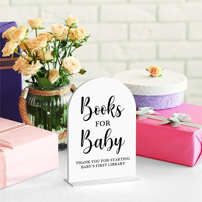 Baby in Bloom Shower Decorations, Baby Shower Sign, Newborn Gifts, Books Signs, Modern Calligraphy Arched Acrylic Table Top Signs With Stand for Birthday Party Decorations (White)