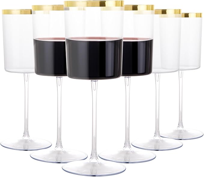 Ciaell 12 Pack Plastic Wine Glasses - 14 Oz Plastic Wine Glasses with Stem - Square Gold Disposable Stemmed Glass for Parties & Weddings & Outdoors