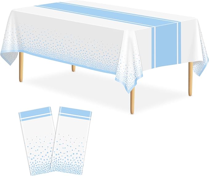 2 Pack White and Light Blue Tablecloth Party Decorations Plastic White Tablecloth Printed Light Blue Table Runner 54 x108 Inch Disposable Rectangle Table Cover for Birthday Wedding Graduation