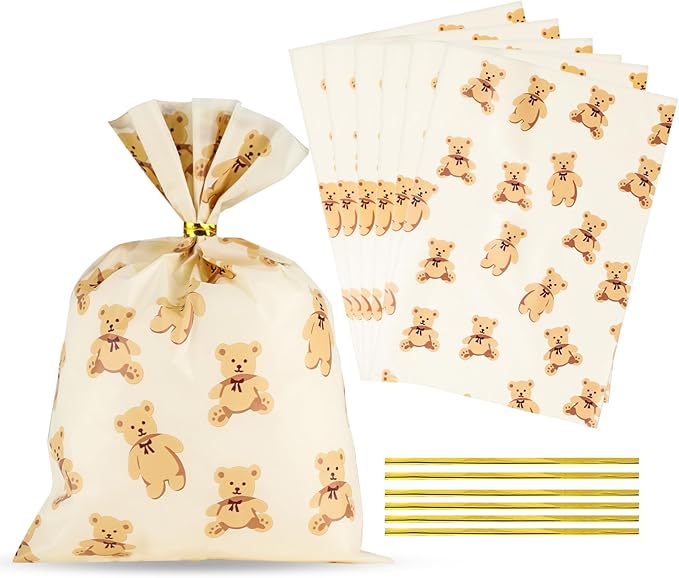 Docvania Bear Cellophane Treat Bags Plastic Gift Bag 100 pcs 5 X 7 Bear Cookie Bags with Ties Goodie Candy Bag Suitable for Mother's Day, Valentine's Day, and Holiday Parties