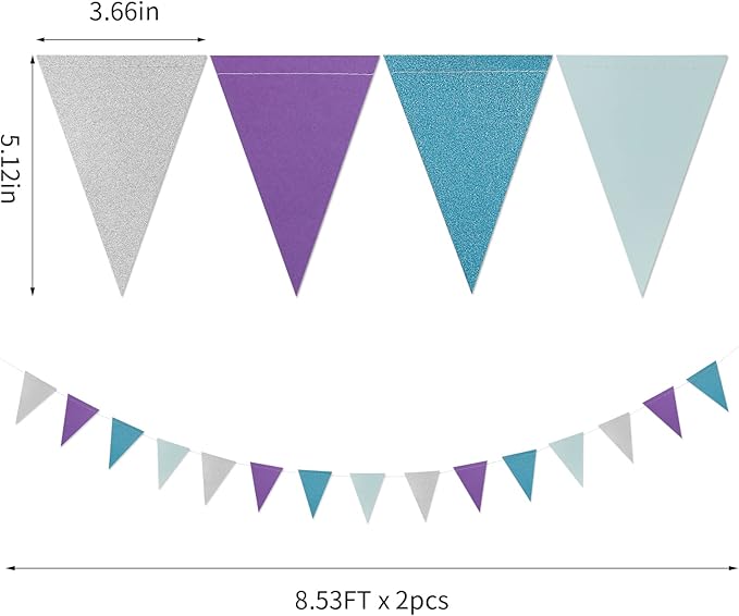 Purple-Blue Silver Frozen-Christmas Party-Decorations Banner,2 Pack Winter Girl Birthday New Year Paper Triangle Pennant Flags Streamers,Wonderland Mermaid Baby Shower Supplies Decor Lasting Surprise
