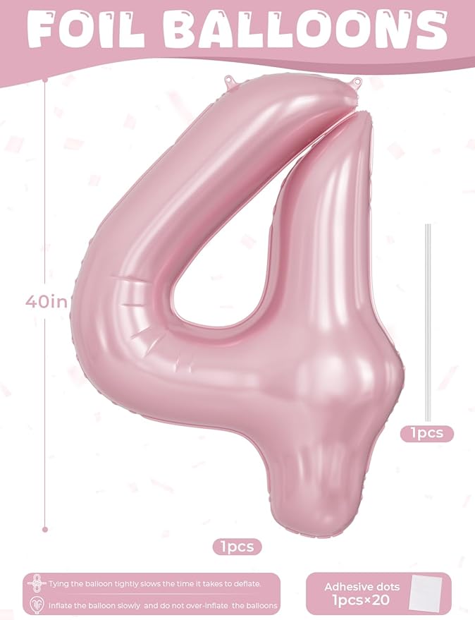 Pink Number 4 Balloons – 40 Inch Giant Foil Number Balloon, Light Pink Number Balloon for Girls Birthday, Baby Shower & Princess Theme Party Decorations