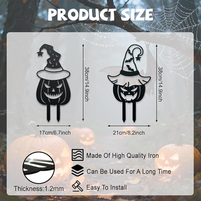 WADORN 2Pcs Halloween Pumpkin Metal Decorative Garden Stakes, Halloween Bat Black Metal Yard Decoration Stakes Pumpkin Silhouette with Witch Hat Garden Ornament Gifts for Outdoor Backyard Lawn Patio