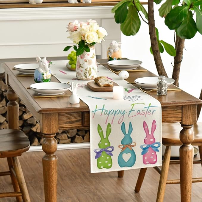 Artoid Mode Green Blue Pink Rabbit Bunny Happy Easter Table Runner, Spring Seasonal Holiday Kitchen Dining Table Decoration for Home Party Decor 13 x 72 Inch