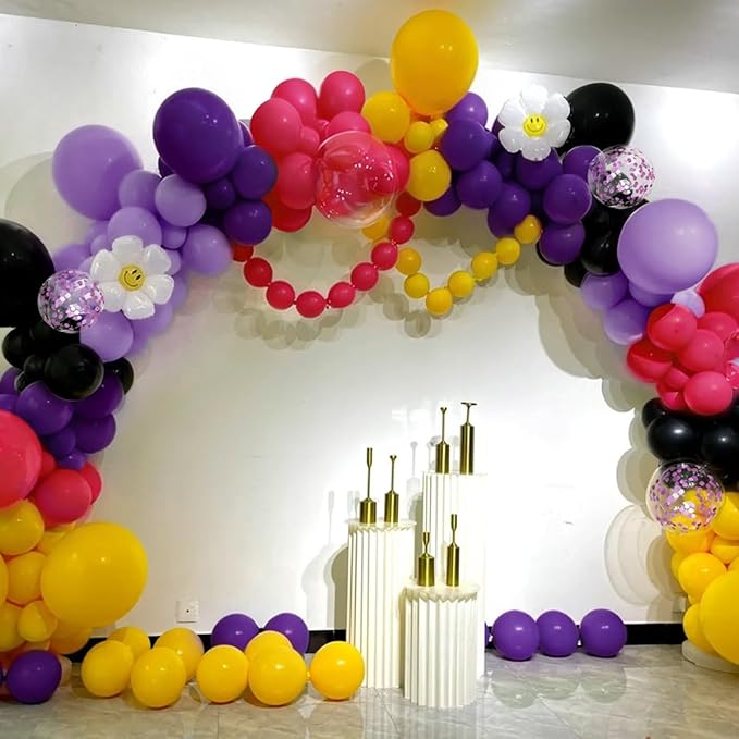 Hot Pink Purple Black Yellow Baloon Garland Arch Kit, 146Pcs Latex Balloons Different Sizes 18 12 10 5 inch for Birthday Wedding Graduation Engagement Party Decorations