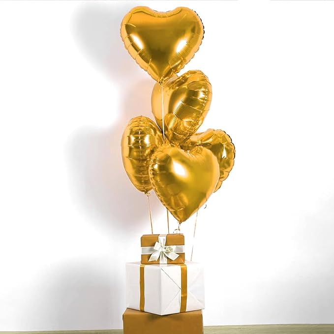 Gold Heart Foil Balloons - 10PCS Heart Shaped Valentines Decorations, 18inch Love Balloons for Helium Wedding, Birthday, Anniversary