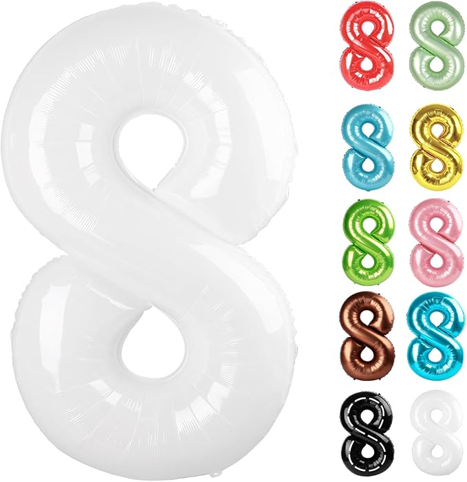 White Number 8 Balloon 40 Inch, 8 Balloon Number, 8th Birthday Decorations, White Party Supplies for Boys Girls