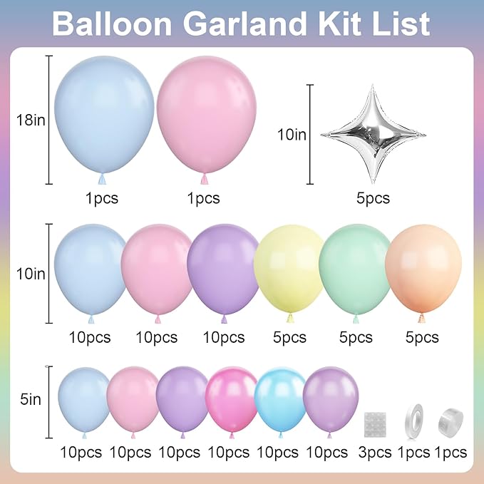 Pastel Balloons Arch Garland Kit, Pastel Pink Purple Blue Yellow Green Party Balloons, Easter Balloon Garland for Girls Kids Women Wedding Baby Shower Birthday Easter Party Decor