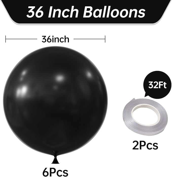 KALOR 36 Inch Giant Black Balloons, 6 Pack Large Round Black Latex Balloons for Anniversary, Birthday, Christmas, Wedding, Baby Shower Party Decorations