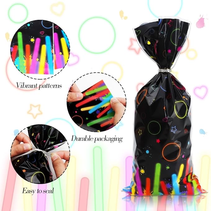 Neon Cellophane Treat Bags Plastic Colorful Candy Goodie Bag with Twist Ties for Birthday Party Decoration Gift Wrap (200/black)