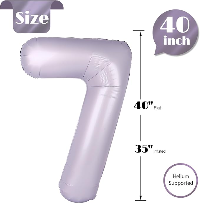 Lilac Number 7 Balloon 40 Inch, Lavender 7 Balloon Number, 7th Birthday Decorations, Lilac Mauve Party Supplies for Boys Girls