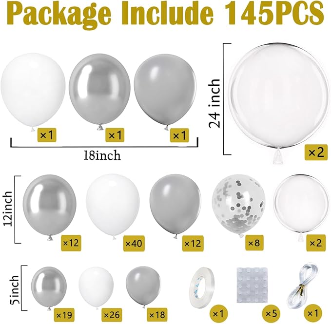White Silver Balloon Arch Kit Garland with Grey Clear Balloons for Birthday Engagement Wedding Baby Shower Confirmation Prom 25th Anniversary Decorations
