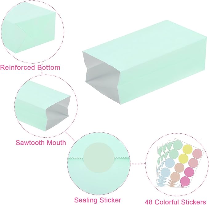 Cooraby 30 Pack Pastel Gift Candy Paper Bags with Stickers 5.1 x 3.1 x 9.4 Inches Snack Sweet Craft Bags for Birthday Wedding Party Anniversaries with 48 Stickers