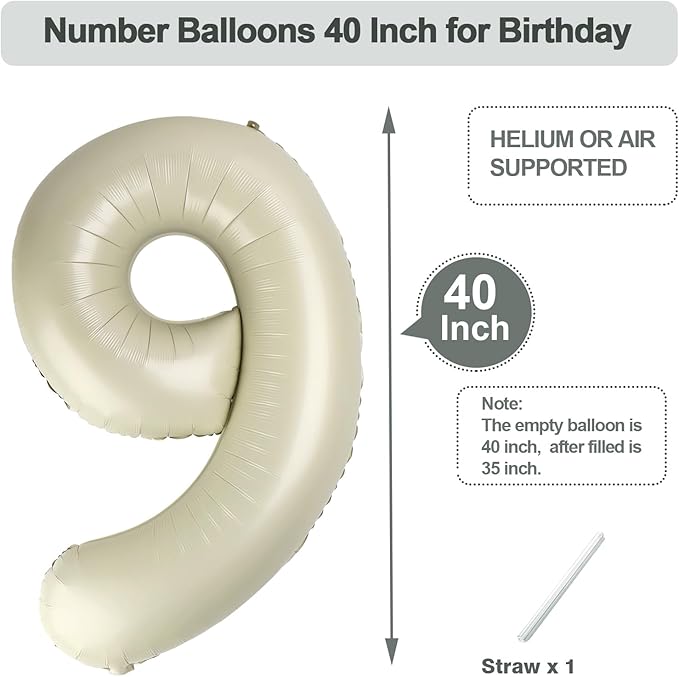 Cream Balloon Numbers 9, Big 40 Inch Happy 9 19 29 90 Birthday for Men And Women, Foil Balloons Decoratins for Wedding Anniversary, Christmas, New Year, Halloween Party Syupplies
