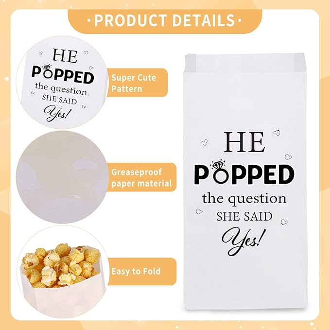 AIOMOB 50 Pcs He Popped the Question Popcorn Bags Engagement Party Favors Decorations Grease Resistant Popcorn Favor Bags for Engagement Party Bridal Shower Wedding Supplies