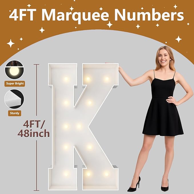 4FT Marquee Light Up Letters, Large Marquee Letters, Pre-cut Foam Board Letter K for Engagement Wedding Decorations Birthday Party Backdrop Decor, Balloon Arch Kit