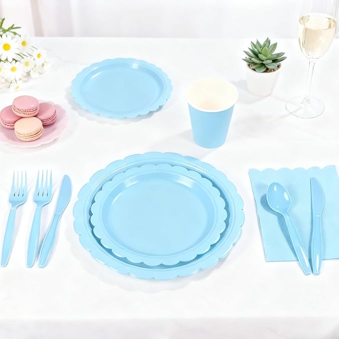 176 PCS Light Blue Party Decorations Includes Scalloped Plates, Napkins, Cups, Cutlery, Tablecloth for Baby Shower Wedding Birthday Party Decorations, Serves 25