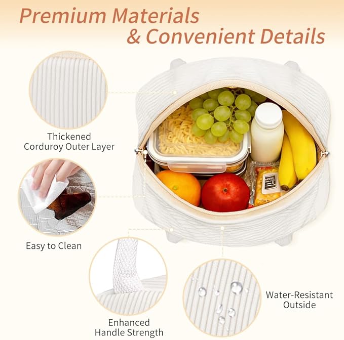 Coobiiya Corduroy Lunch Bag Lunch Box for Women Men, Cute LunchBag Lunch Tote Bags Insulated Reusable LunchBox Large Capacity Cooler Bag for Work Travel Picnic