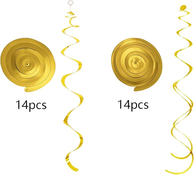 Gold Ceiling Swirl Foil Decorations Hanging Plastic Streamer Themed Swirl Party Decoration for Wedding Thanksgiving Day Graduation Celebration, Pack of 28