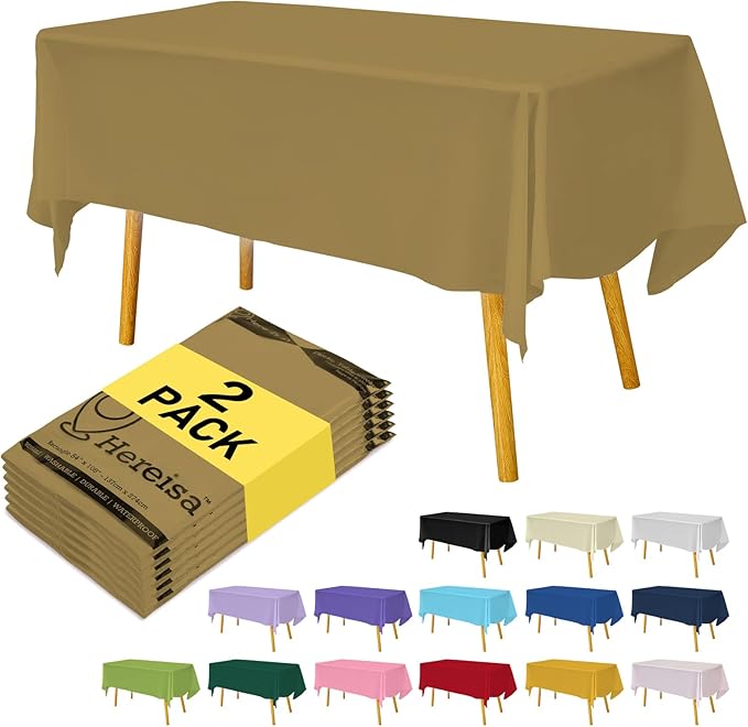 Gold Plastic Tablecloths 2 Pack Solid Disposable Table Covers 54 x 108 Inch Golden PEVA Table Cloths for BBQ Picnic Birthday Wedding Banquet Parties 8 ft Rectangle Table Use