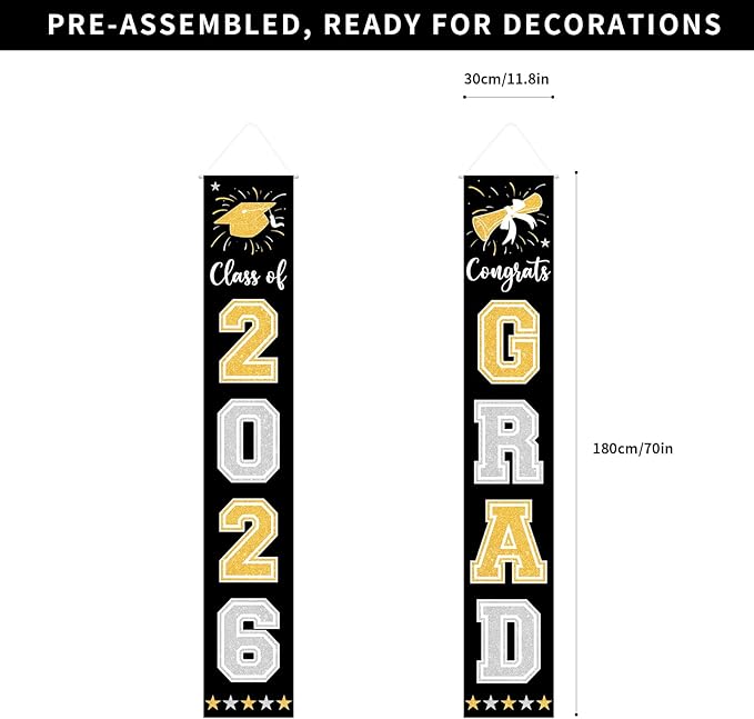Graduation Decorations Class of 2026 Hanging Grad Banner, Graduation Decorations Class of 2026 for Any Schools or Grades (black)