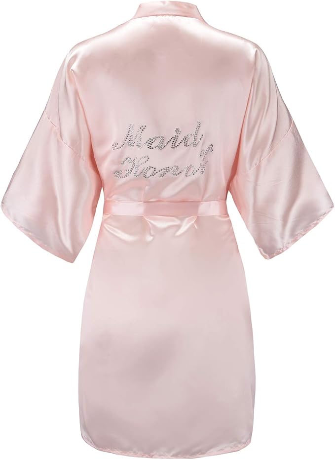 EPLAZA Women's One Size Silver Rhinestones Bride Bridesmaid Short Satin Robes for Wedding Party Getting Ready