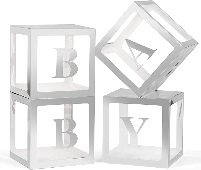 Baby Boxes with Letters - 4 Transparent Balloon Boxes for Baby Shower, Gender Reveal, Birthday & Wedding Decorations (Silver)