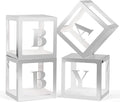 Baby Boxes with Letters - 4 Transparent Balloon Boxes for Baby Shower, Gender Reveal, Birthday & Wedding Decorations (Silver)