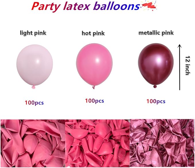 300 Pcs Pink and Red Balloon Set, 12 Inch Light Pink Hot Pink and Metallic Rose Red Bulk Latex Balloons, for Birthdays Weddings Baby Show Princess Party Decorations