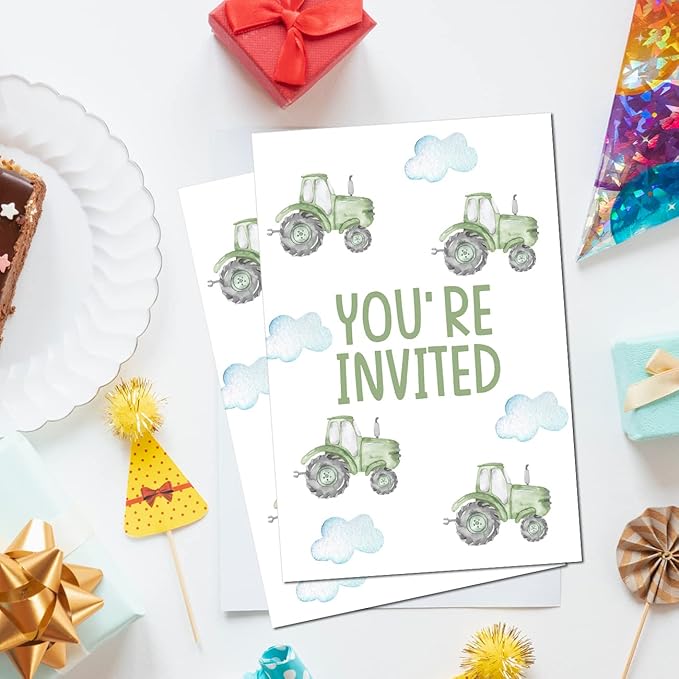 Soiceu Cute Tractor 1st Birthday Party Invitations with Envelopes Set of 20 Green Boy Farm 1st 1 Year Old First Birthday Party Invites