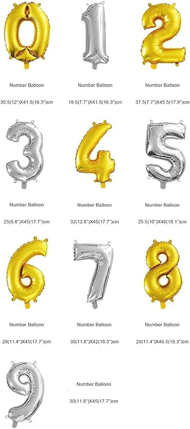 10 pcs 16inch Number Silver Balloons, 0~9 Silver Foil Balloons for Birthday Wedding Party Decorations Number Balloons