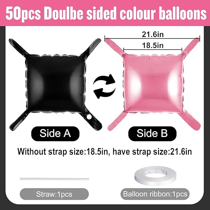 50Pcs Pink and Black Square Foil Balloons Wall Backdrop, Double Sided Metallic Foil Balloons Tunnel Arch Garland Kit for Photo Booth Birthday Wedding Halloween Christmas Party Decorations