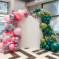 253pcs Pink and Green Balloon Garland Arch Kit, Metallic Silver Dark Green Light Pink Latex Balloons with Crown Iridescent Explosion Star Balloon for Birthday Witch Themed Party Decorations