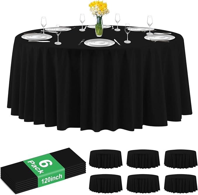 6 Pack Premium Black Plastic Table Cloth -120 Inch Round Tablecloth, Disposable Tablecloth Plastic Table Cover for Parties (6, Black, 120" Round)