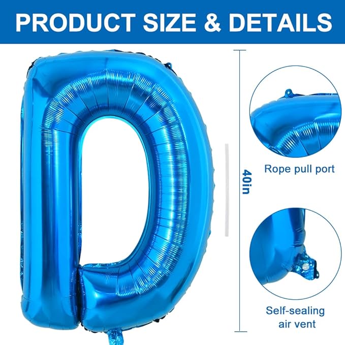 TONIFUL 40 Inch Large Blue Letter D Balloons Giant Alphabet Letter Balloons,Foil Mylar Big Balloons for 2026 Graduation Birthday Party Anniversary New Year Graduation Supplies Decorations