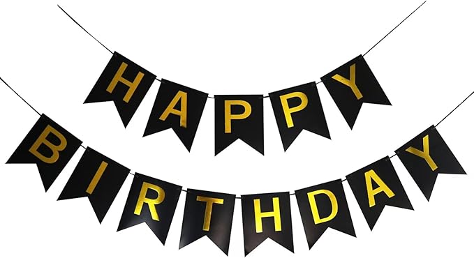 Happy Birthday Banner, Flag Bunting for Birthday Backdrop Decor, Happy Birthday Sign Party Supplies for Girls Boys Kids and Women Party Hanging Decor (Black&Gold)
