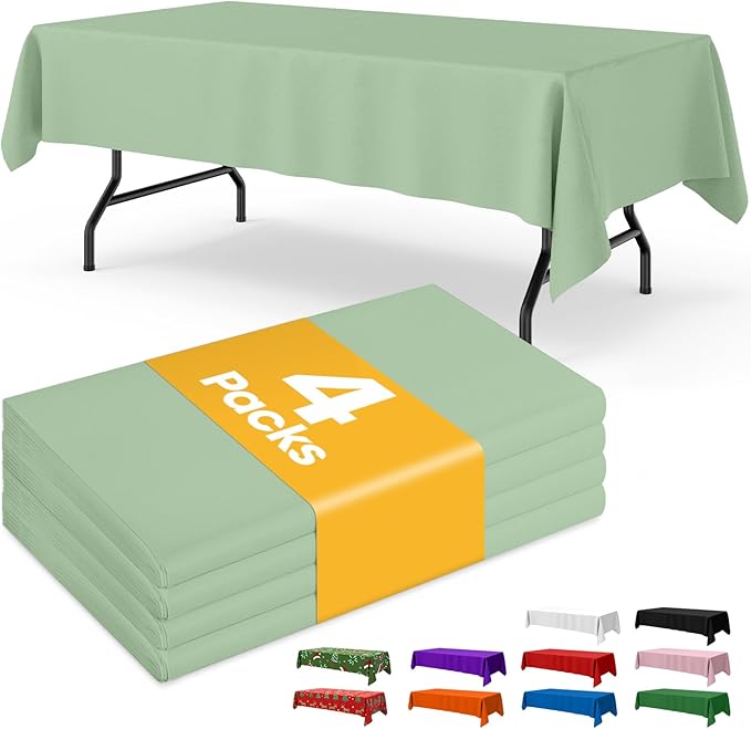 Sage Green Plastic Table Cloth - 4 Pack 54" × 108" Rectangle Disposable Tablecloths for 6FT Tables, Table Cover for Party, Holiday & Gathering Use