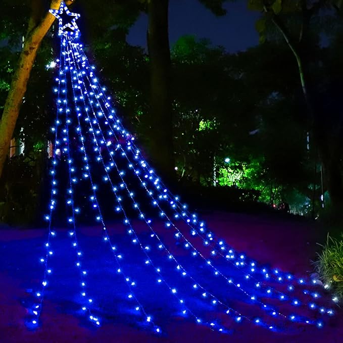Christmas Decorations Outdoor Lights,11.5 ft 317 LED Star Christmas Tree Lights,8 Memory Lighting Modes&Timer Christmas Star Lights for Yard,Wedding,Party,Christmas Decorations (Blue)
