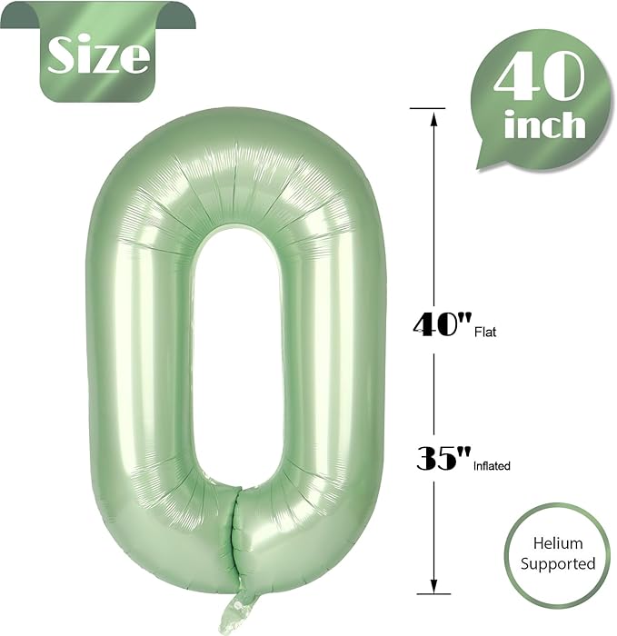 Sage Green Number 0 Balloon 40 Inch, 0 Balloon Numberfor 10th 20th 30th 40th 50th 60th Birthday Decorations, Oliver Green Party Supplies for Men Women