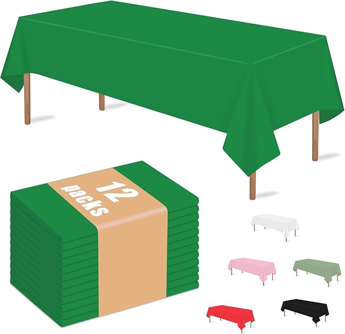 MRJ 12 Packs Green Plastic Tablecloths 54x108 Inch, Disposable Rectangle Table Cover for St. Patrick's Day Christmas Outdoor Parties