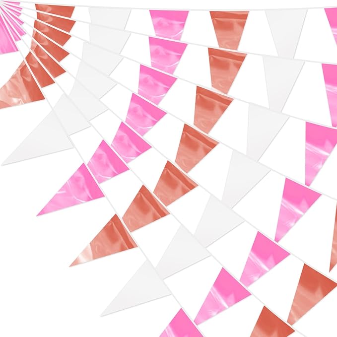 32.8FT Rose-Gold Pink Glitter Triangle Pennant Banner Flag Metallic Bunting Outdoor Garland for Christmas Graduation Wedding Engagement Anniversary Bachelorette Bridal Shower Valentine's Party Decor