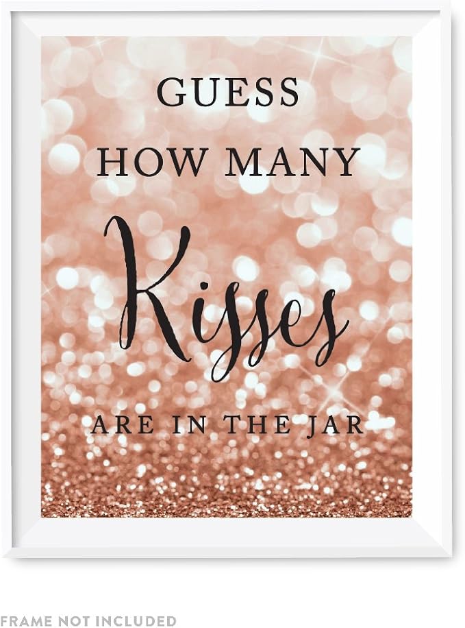 Andaz Press Wedding Party Signs, Glitzy Rose Gold Glitter, 8.5x11-inch, Guess How Many Kisses Are in the Jar, 1-Pack, Bokeh Colored Party Supplies