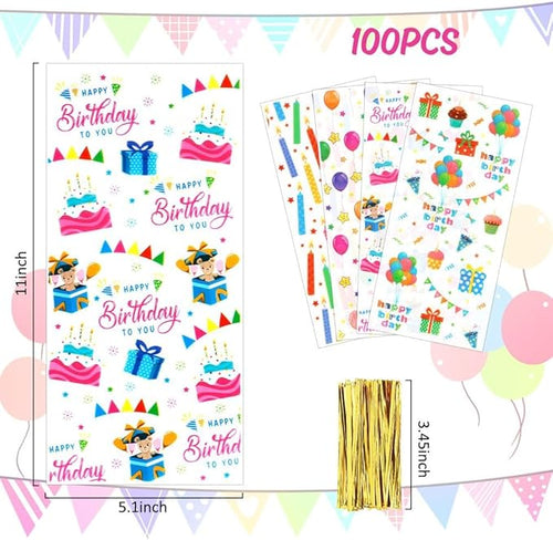 100 PCS Happy Birthday Cellophane Treat Bags(5x11 Inch) with Ties Colorful Plastic Goodie Candy Cookie Goody Loot Gifts Bags Bulk Pouches for Birthday Party Favors Supplies Decorations for Kids