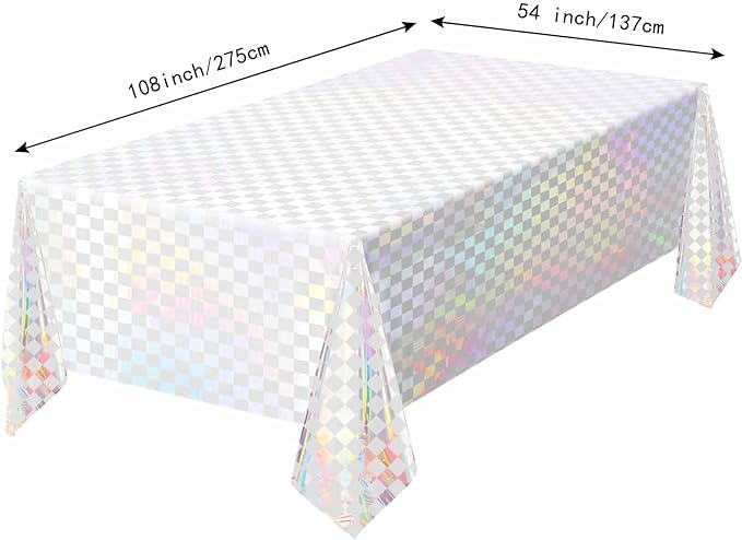 2 Pack White and Iridescent Checkered Tablecloth Shiny Disposable Holographic Foil Table Cloth Plastic Laser Rectangle Table Cover for Picnic Birthday Party Race Car Tablecloth