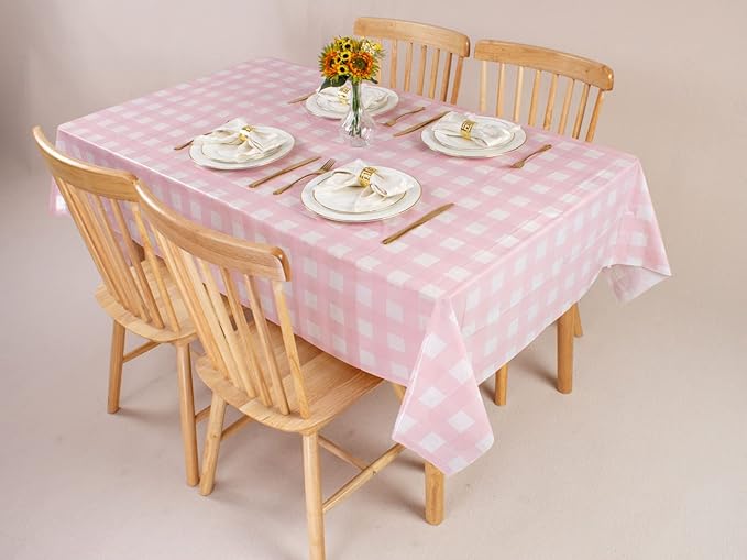 Kesfey 12 Packs Pink Gingham Tablecloth 54 x 108 Inches Pink and White Checkered Table Cloths Party Picnic Disposable Table Covers Splashproof Plastic Checkered Gingham Tablecover for Dinners Party