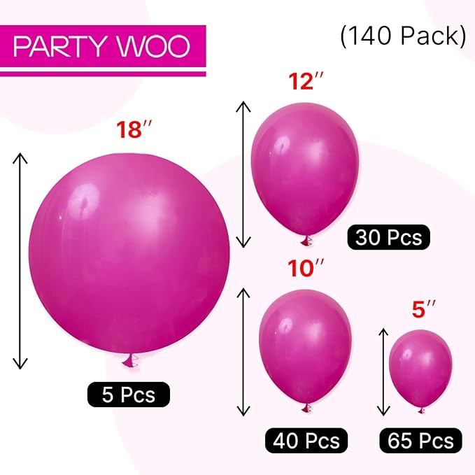 PartyWoo Hot Pink Balloons 140pcs Different Sizes of 18 12 10 5 Inch Magenta Fuchsia Dark Pink Balloon Arch Kit Garland for Bridal Baby Shower Birthday Butterfly Princess Party Decorations Pink-Y39
