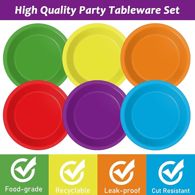 Wiooffen 48 Pcs Colorful Paper Plates - Birthday Party Supplies, Colored Disposable Party Paper Tray, Premium Dessert Cake Decorations for 48 Guests, 7in Round