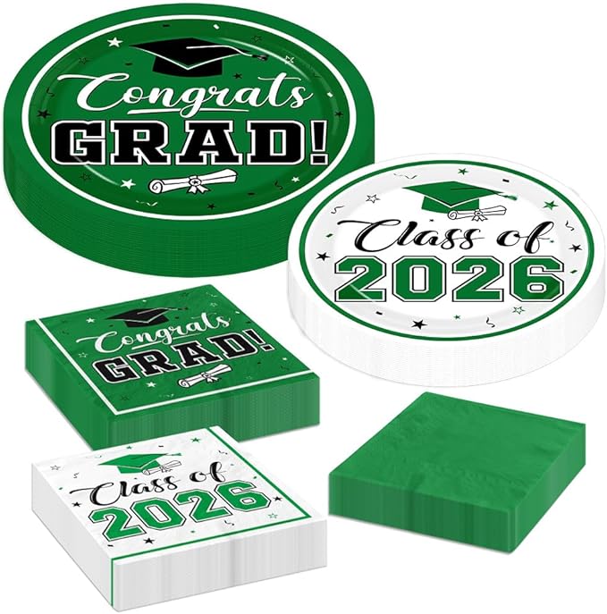 Graduation Party Plates and Napkins Green Class of 2026 Grad Congrats Party Supplies Disposable Dessert Paper Plates Cocktail Napkins forGraduation Party Decorations,Serve 50