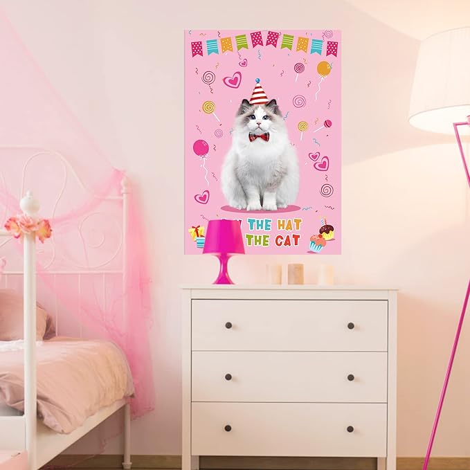 Pin The Hat On The Cat Party Game Cat Birthday Party Games for Kids, Cat Birthday Party Supplies Decorations for Girls Boys, Large Pin The Tail Poster with 54 Hat Stickers