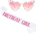 Birthday Girl Sash & Glasses Set, Birthday Sash for Women Girls, White & Pink Happy Birthday Decorations Outfits Accessories Party Favors Set for Women Girls